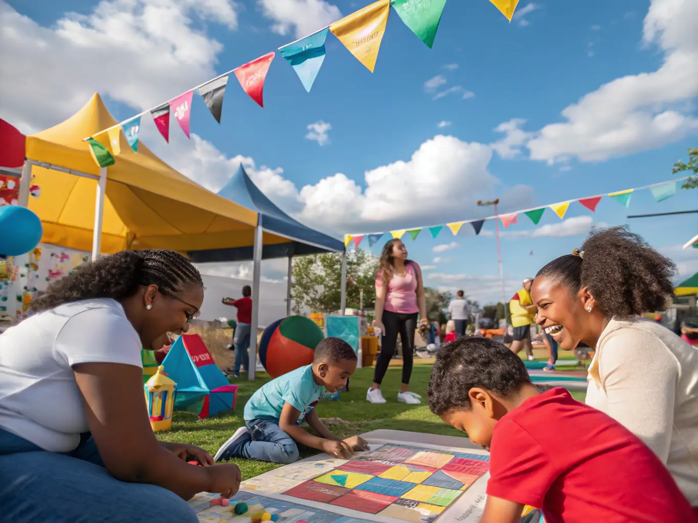 A lively scene from a community event organized by the football club, featuring families enjoying various activities, games, and food stalls, creating a sense of community and togetherness.