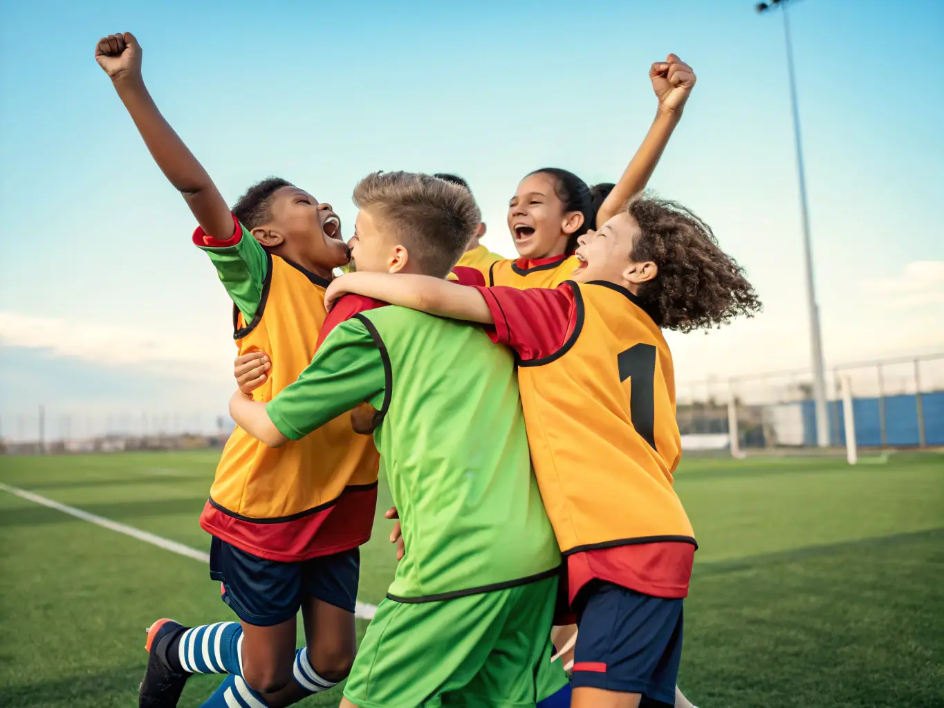 A vibrant image of a youth football tournament, showcasing young players competing with enthusiasm and sportsmanship, surrounded by supportive parents and coaches.