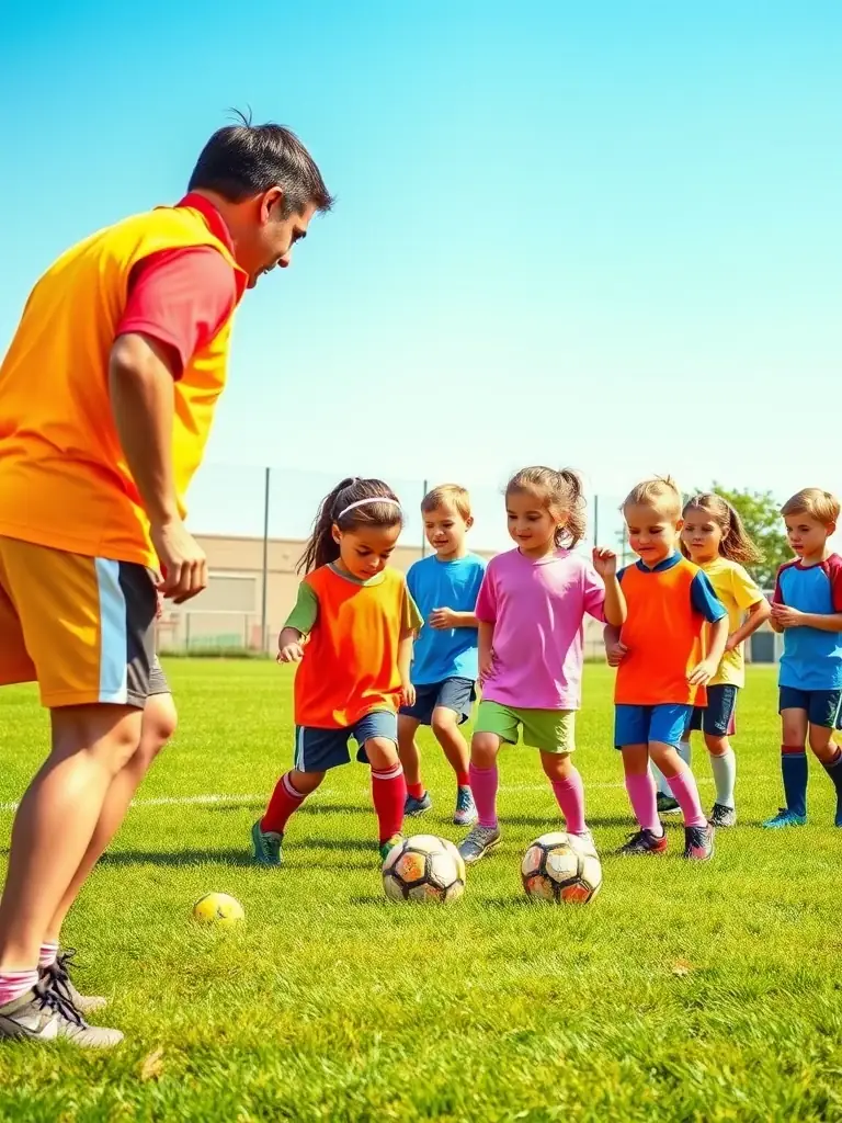 Action shot of young children, aged 6-8, participating in a fundamental football skills training session at PLANCOET ARGUENON FOOTBALL CLUB, focusing on dribbling and ball control, under the guidance of a coach.