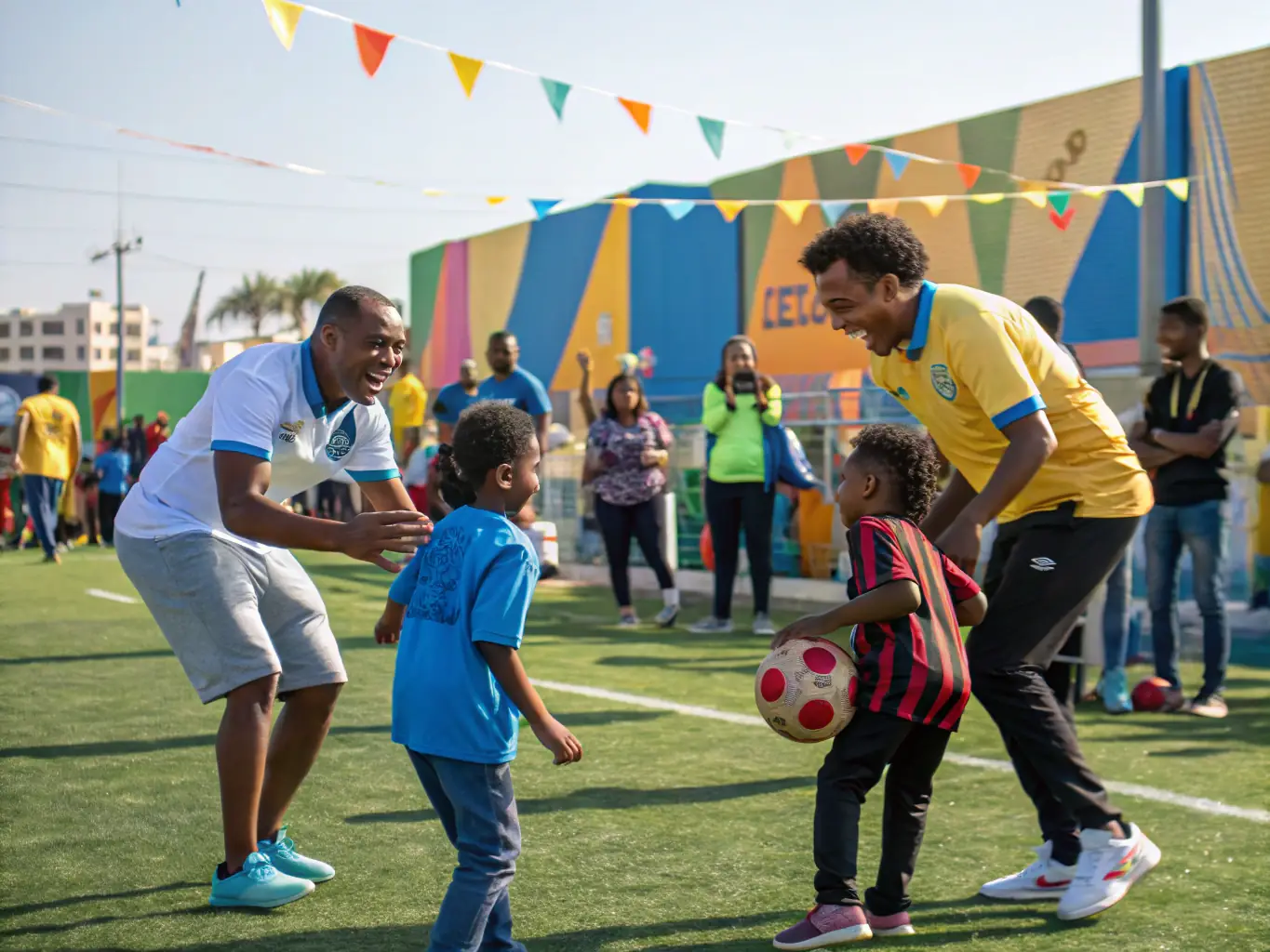 A group of club members participating in a community football event, promoting inclusivity and engagement, with families and supporters joining in the fun.