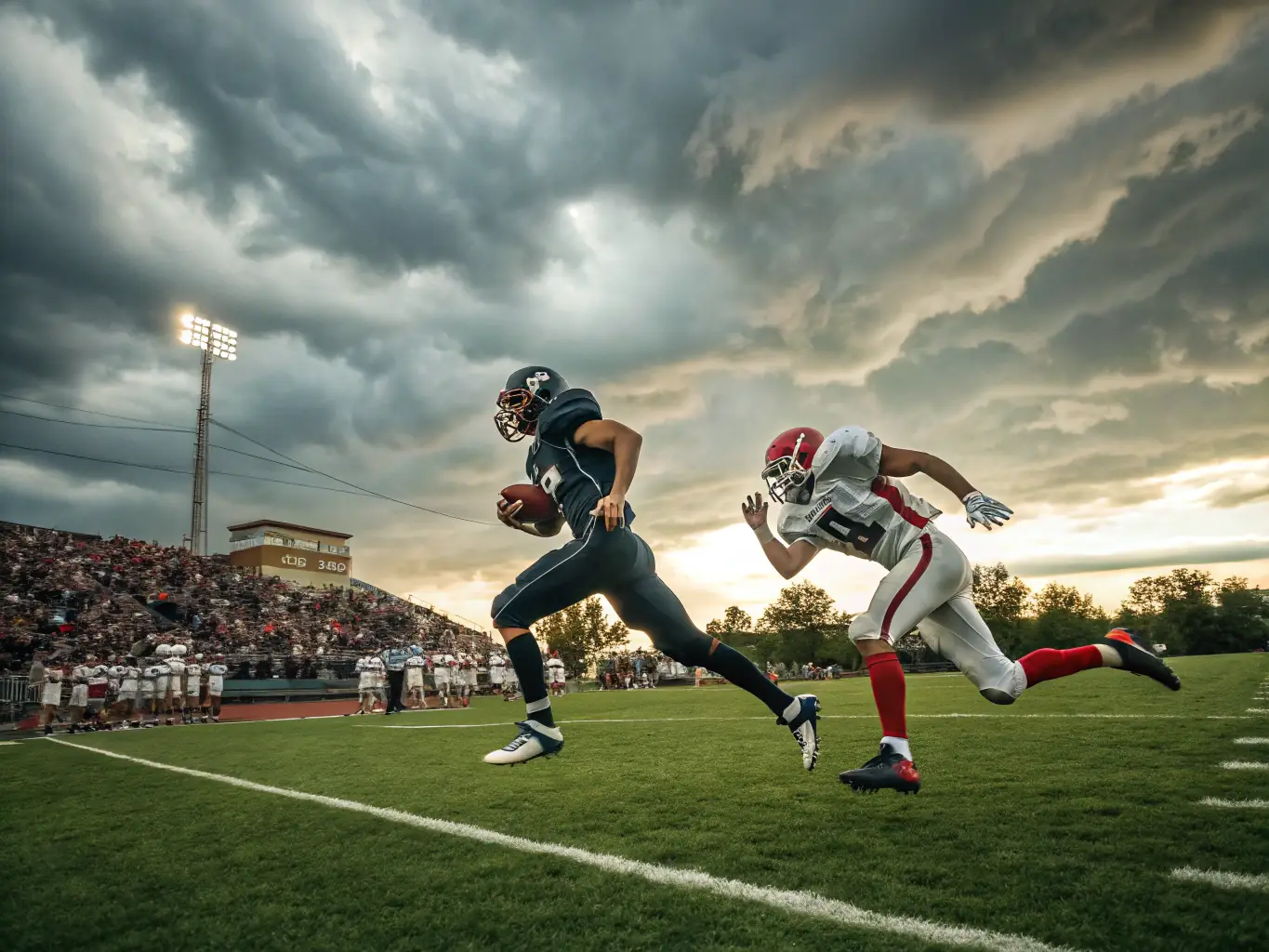 An action shot of a competitive football match between two senior teams, showcasing the intensity and excitement of the game, with spectators cheering from the sidelines.