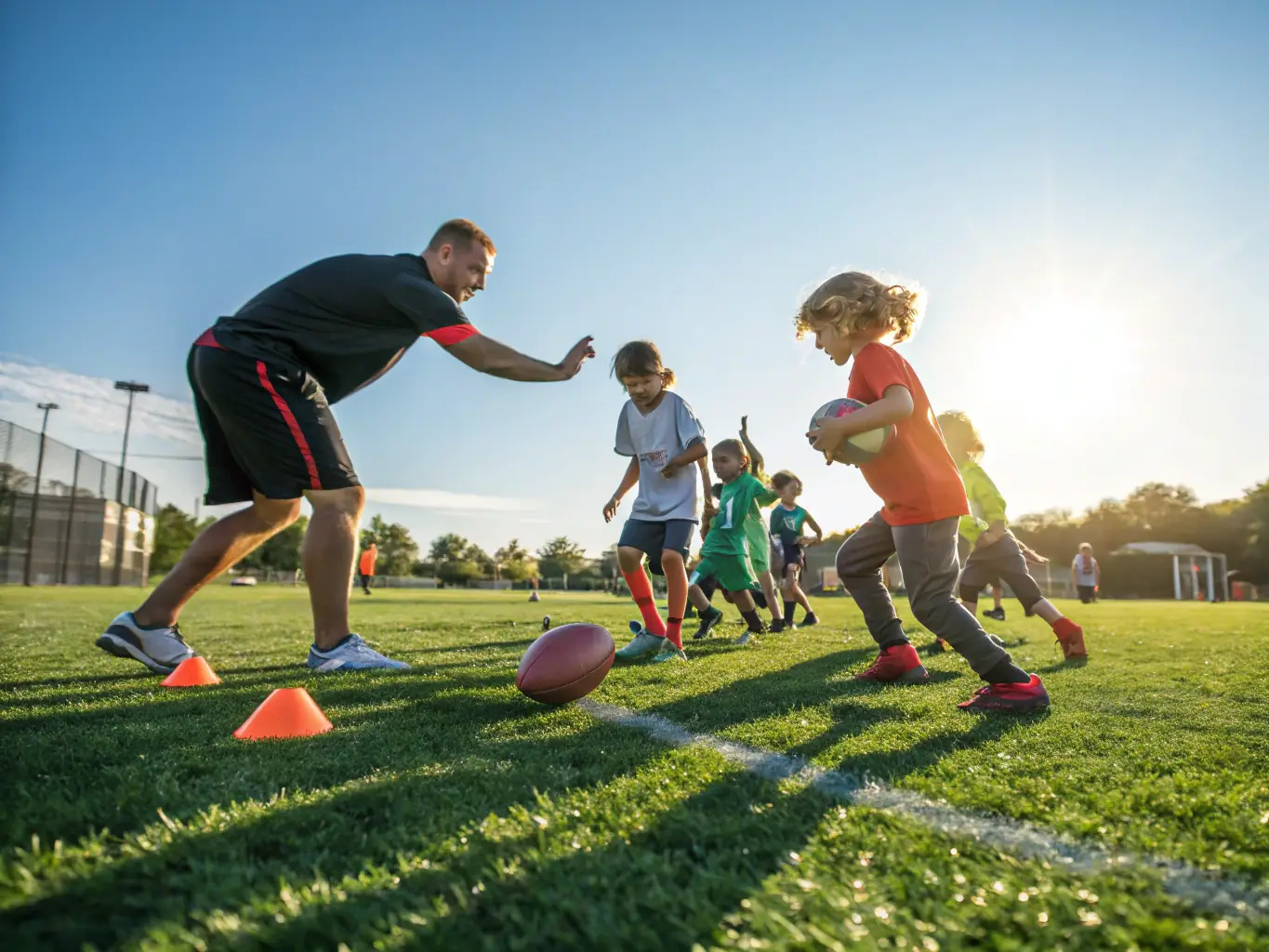 A dynamic image showing young children participating in a football training session, with coaches providing guidance and encouragement, set against the backdrop of a sunny football field.